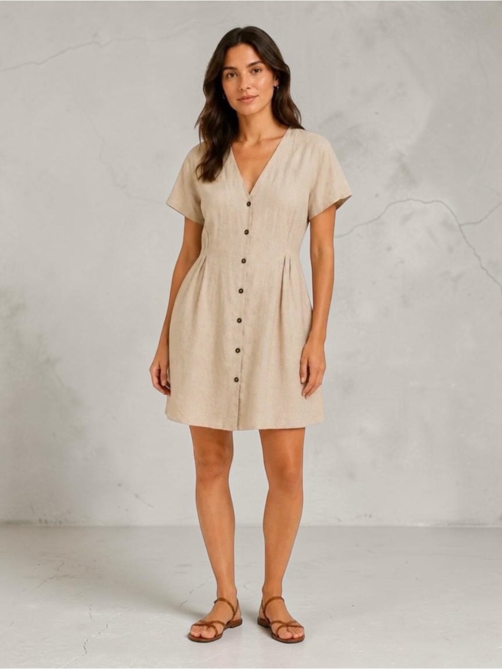 NWT Mango MNG Margarit 100% Linen Button Front Mini Dress US Size L Beige V-Neck